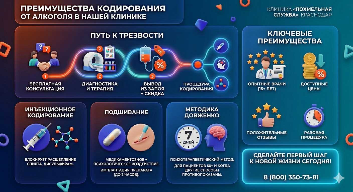 Инфографика о методах кодирования от алкоголя в Осе: инъекции, подшивание, метод Довженко. Преимущества клиники и этапы лечения.
