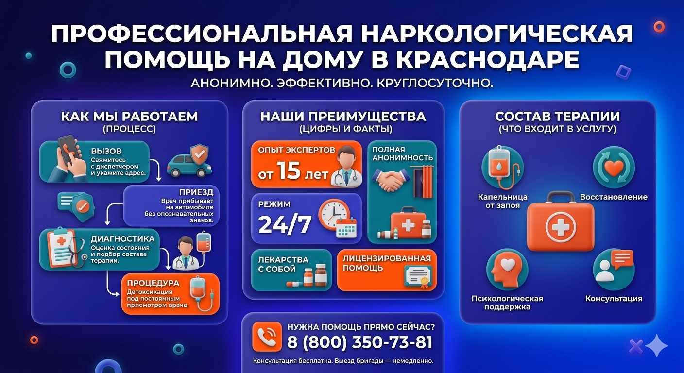 Инфографика о принципах лечения алкоголизма на дому в Осе: этапы вызова нарколога, преимущества анонимной детоксикации и состав медицинской помощи.
